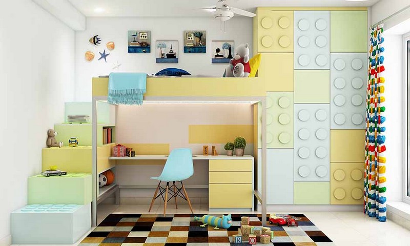 Space saving kids room with study desk